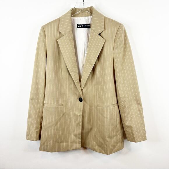 NEW ZARA Striped Oversized Menswear Inspired Blazer S Tan - Picture 2 of 7
